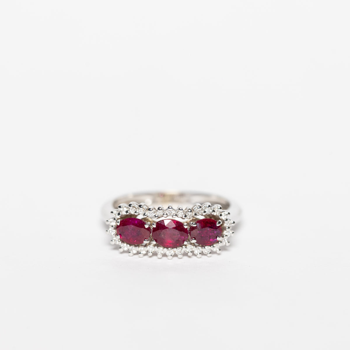 18kt White Gold Trilogy Ring With Rubies And Diamonds
