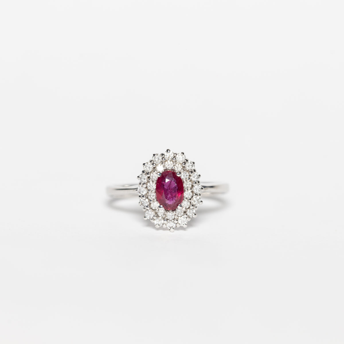 18K White Gold Ring With Rubies With Double Row Of Diamonds