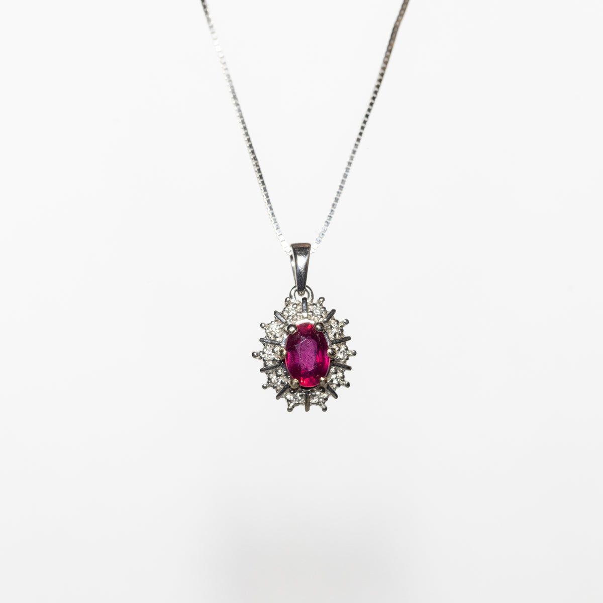 18K White Gold Necklace With Oval Ruby And Diamond Ring