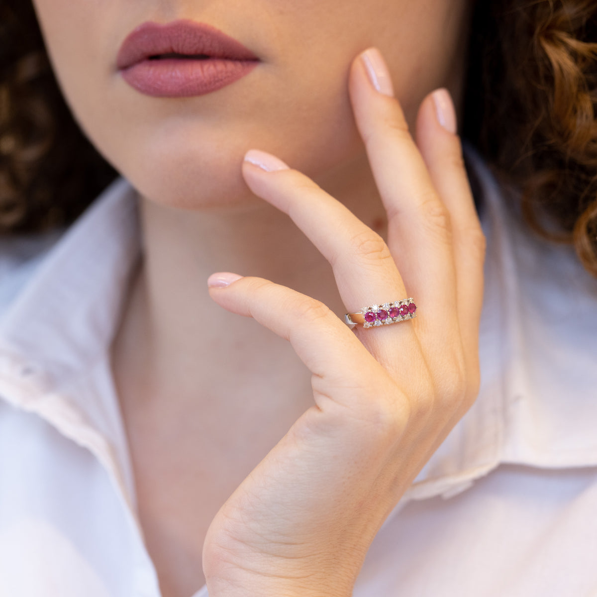 18K White Gold Veretta Ring With Rubies And Diamonds