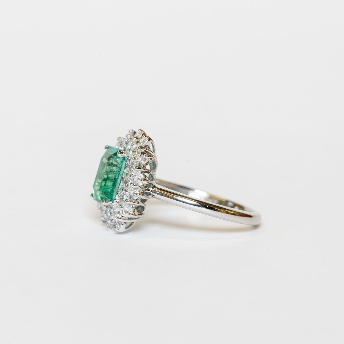 18KT White Gold Ring with Emerald and Double Row of Diamonds