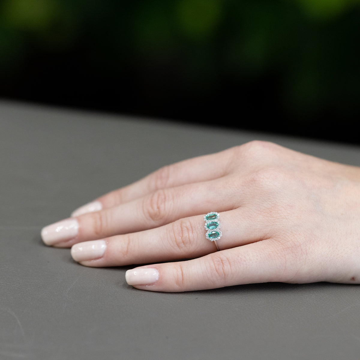 18KT White Gold Trilogy Ring with Emeralds and Diamonds