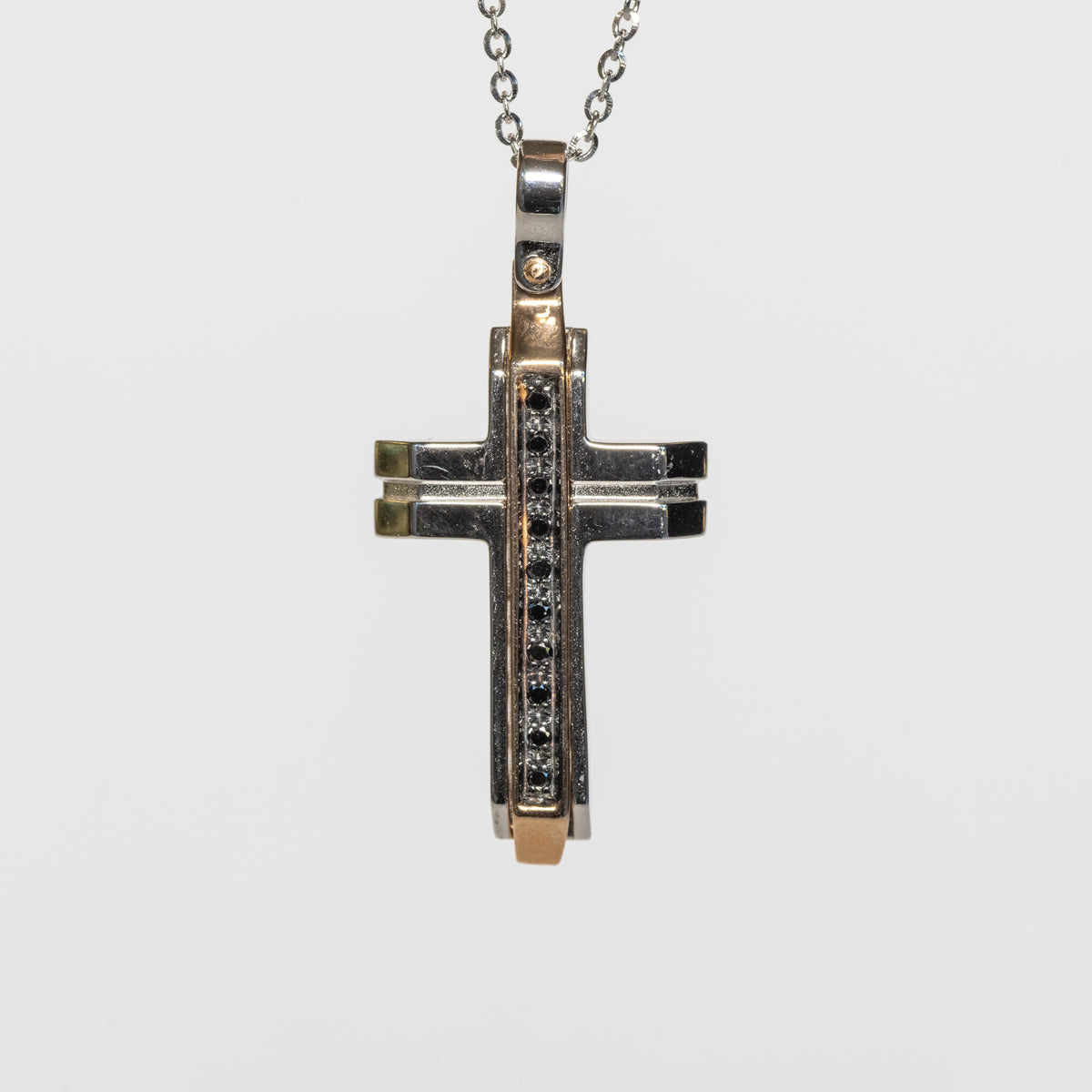 Necklace with Cross in 18 kt White and Yellow Gold and Black Diamonds