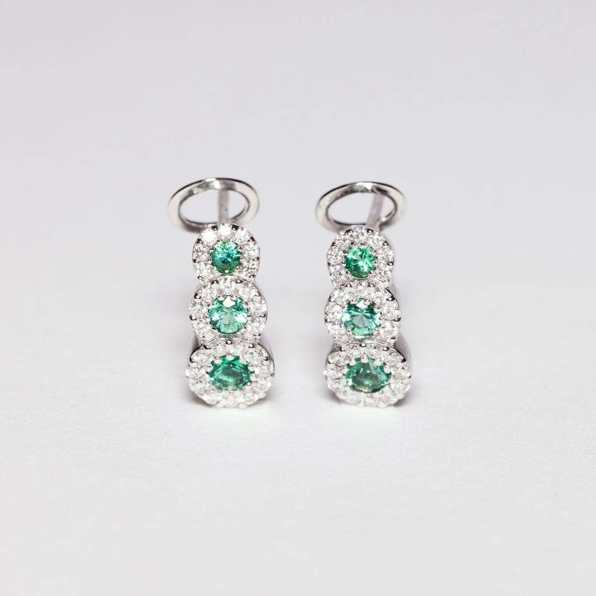 18KT White Gold Trilogy Earrings With Emeralds and Diamonds