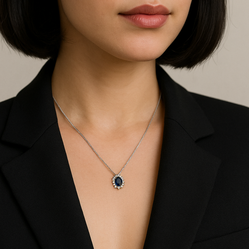 Collana con Ciondolo in Oro Bianco 18KT con Zaffiro Ovale e contorno in Diamanti