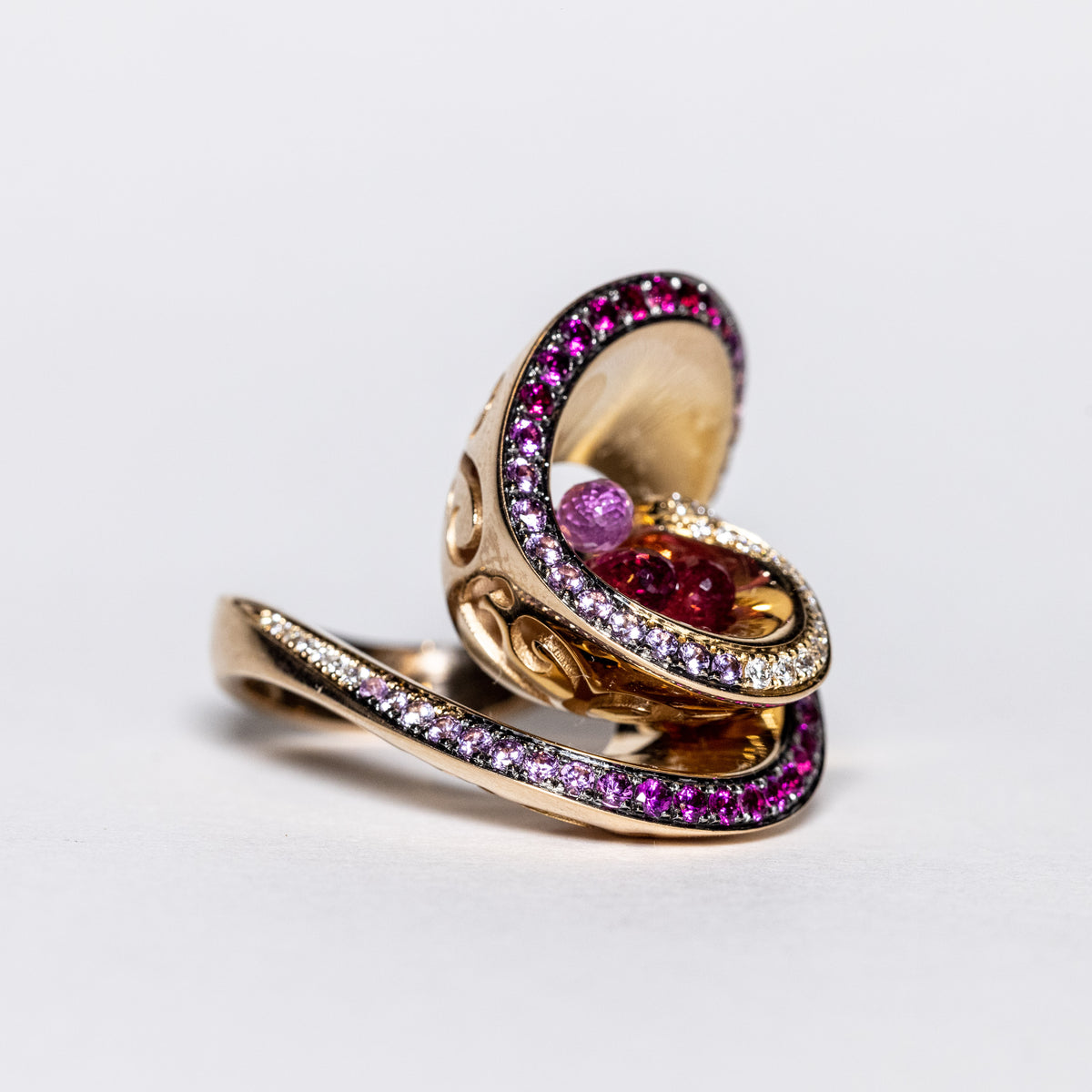 18KT Rose Gold Unique Creation Ring with Swirl Engravings, Briolette, Rubellite, Pink Sapphires, and White Diamonds