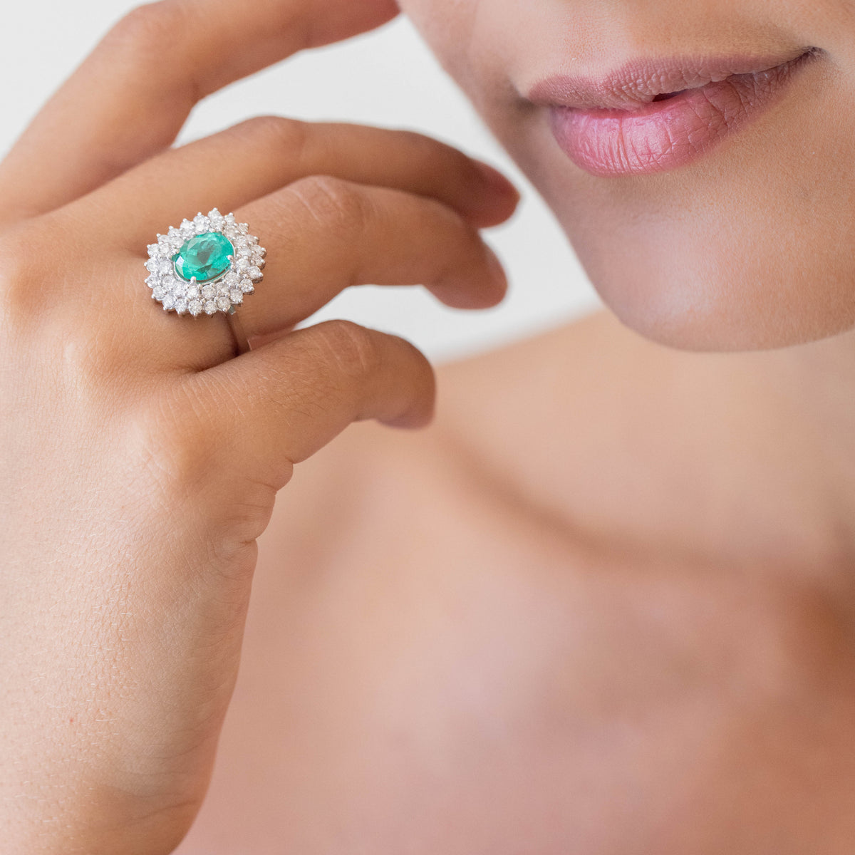 (Two Variants) 18KT White Gold Ring with Central Emerald and Double Diamond Surround