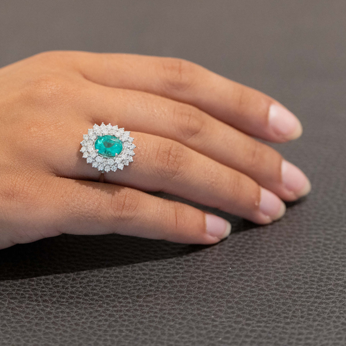 (Two Variants) 18KT White Gold Ring with Central Emerald and Double Diamond Surround