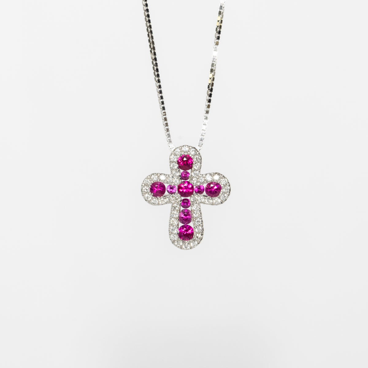 18kt White Gold Cross Necklace with Rubies and Diamonds