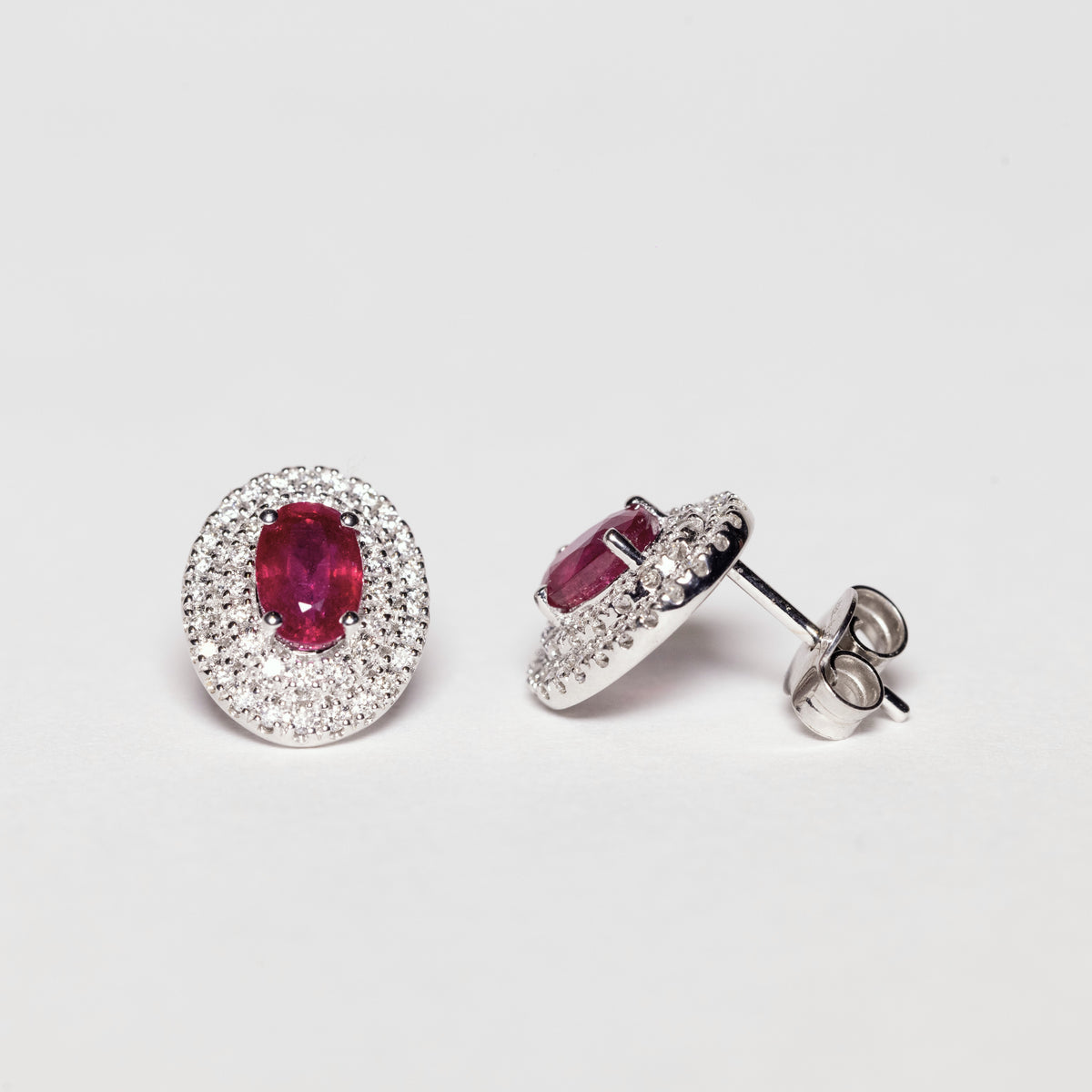 18K White Gold Earrings With Central Ruby and Double Row of Diamonds