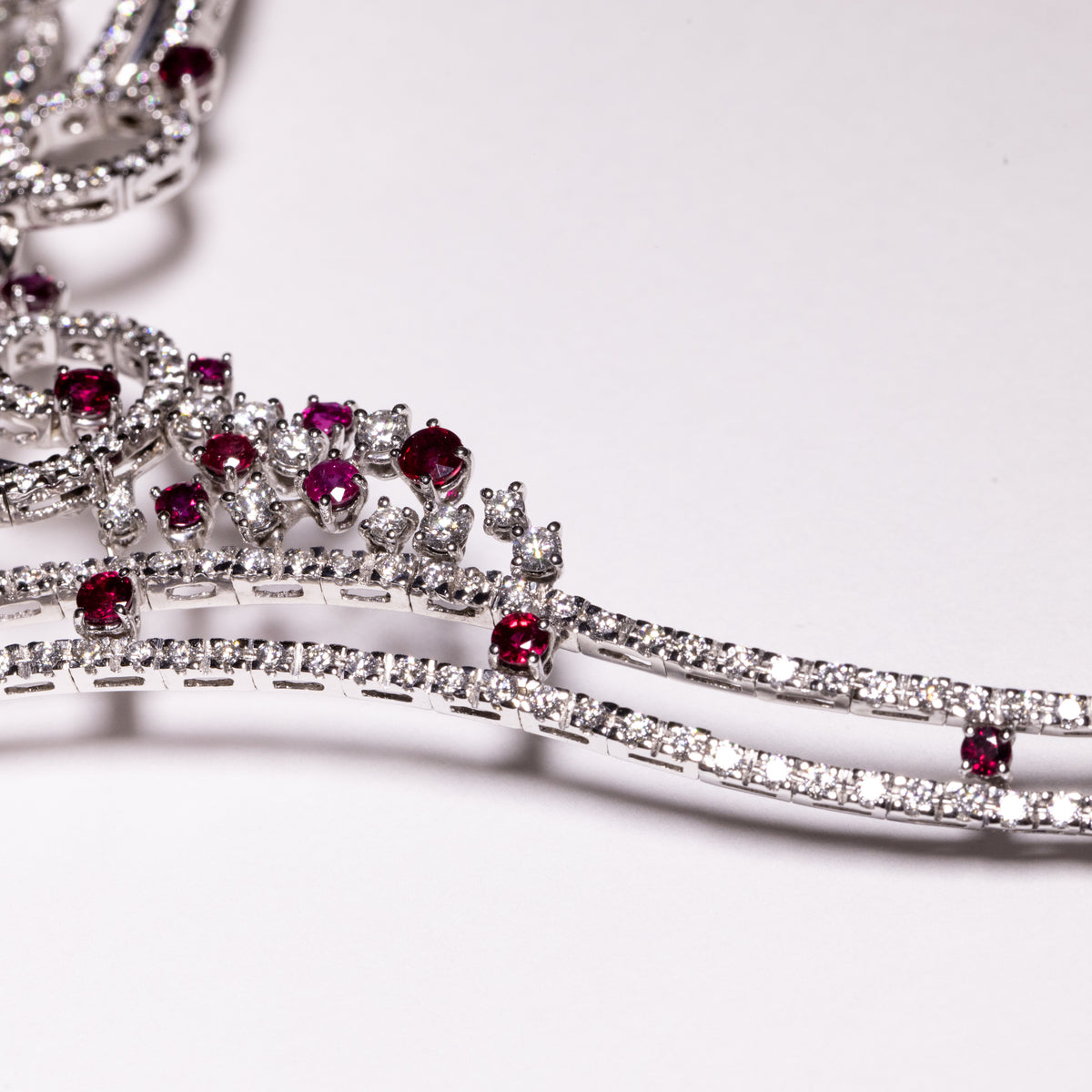Collier Luminarie Necklace in 18KT White Gold with Drop Cut Ruby Pendant, Scattered Round Brilliant Rubies and Diamonds