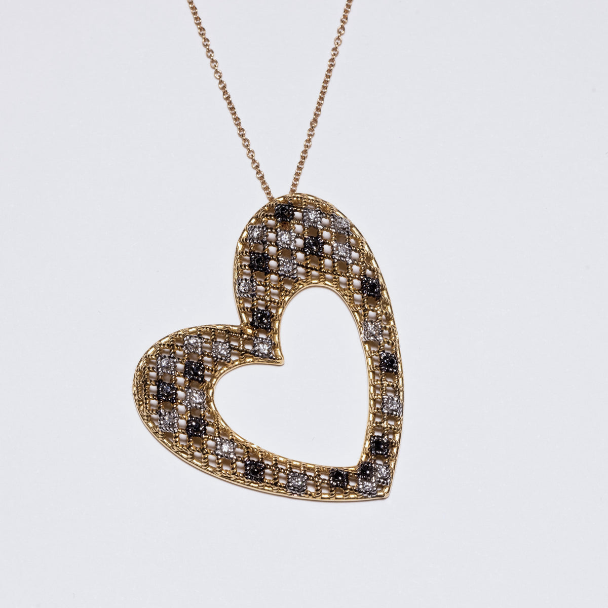 18k Yellow Gold Heart Shape Necklace with White and Black Diamonds