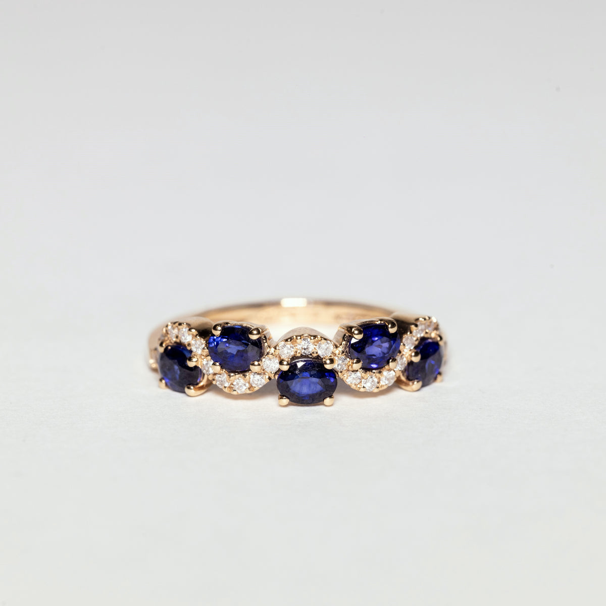 18KT Rose Gold Ring Fantasy Model with Oval Cut Sapphires and Diamonds