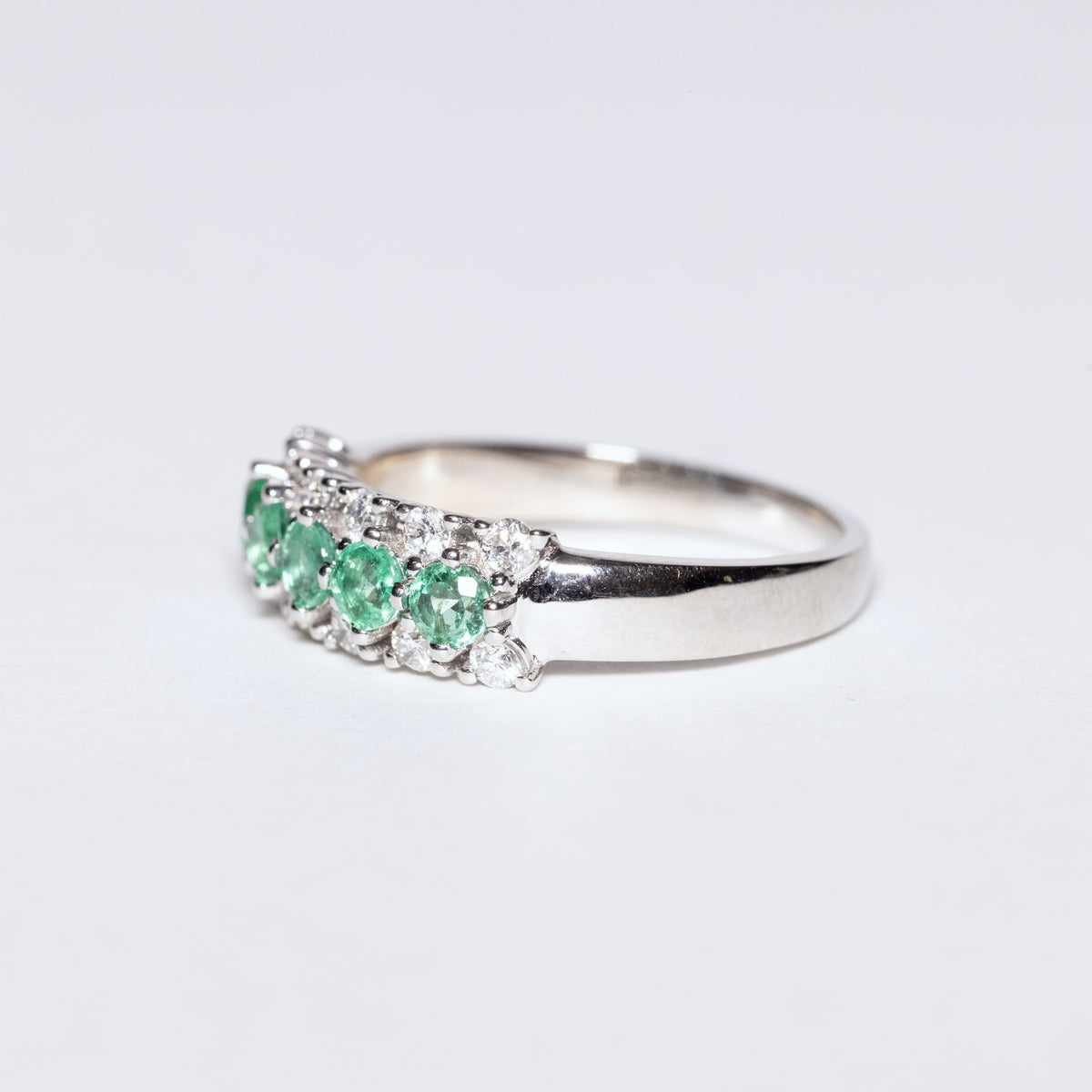18kt White Gold Veretta Ring with Emeralds and Diamonds