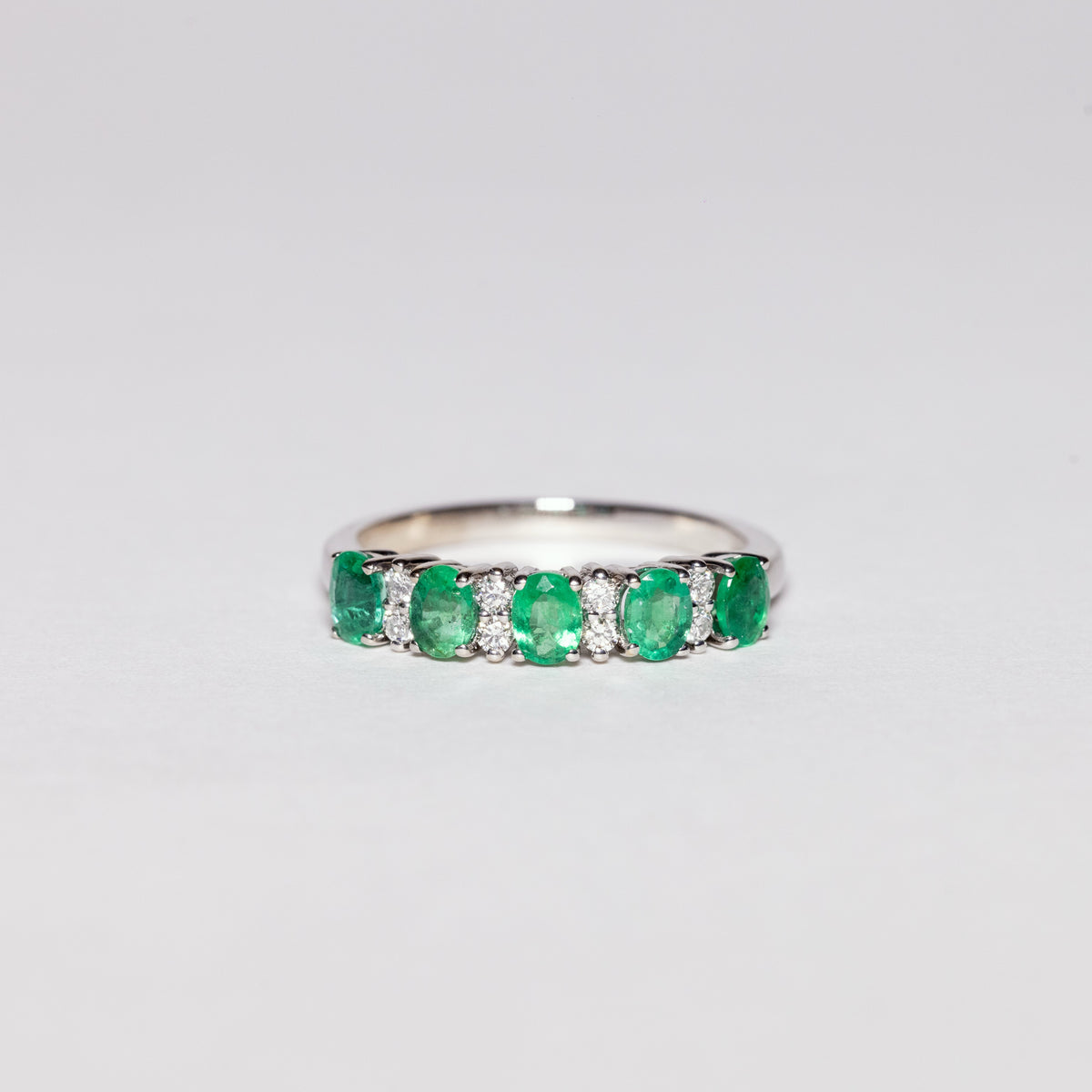 18KT White Gold Veretta Ring With Emeralds and Diamonds