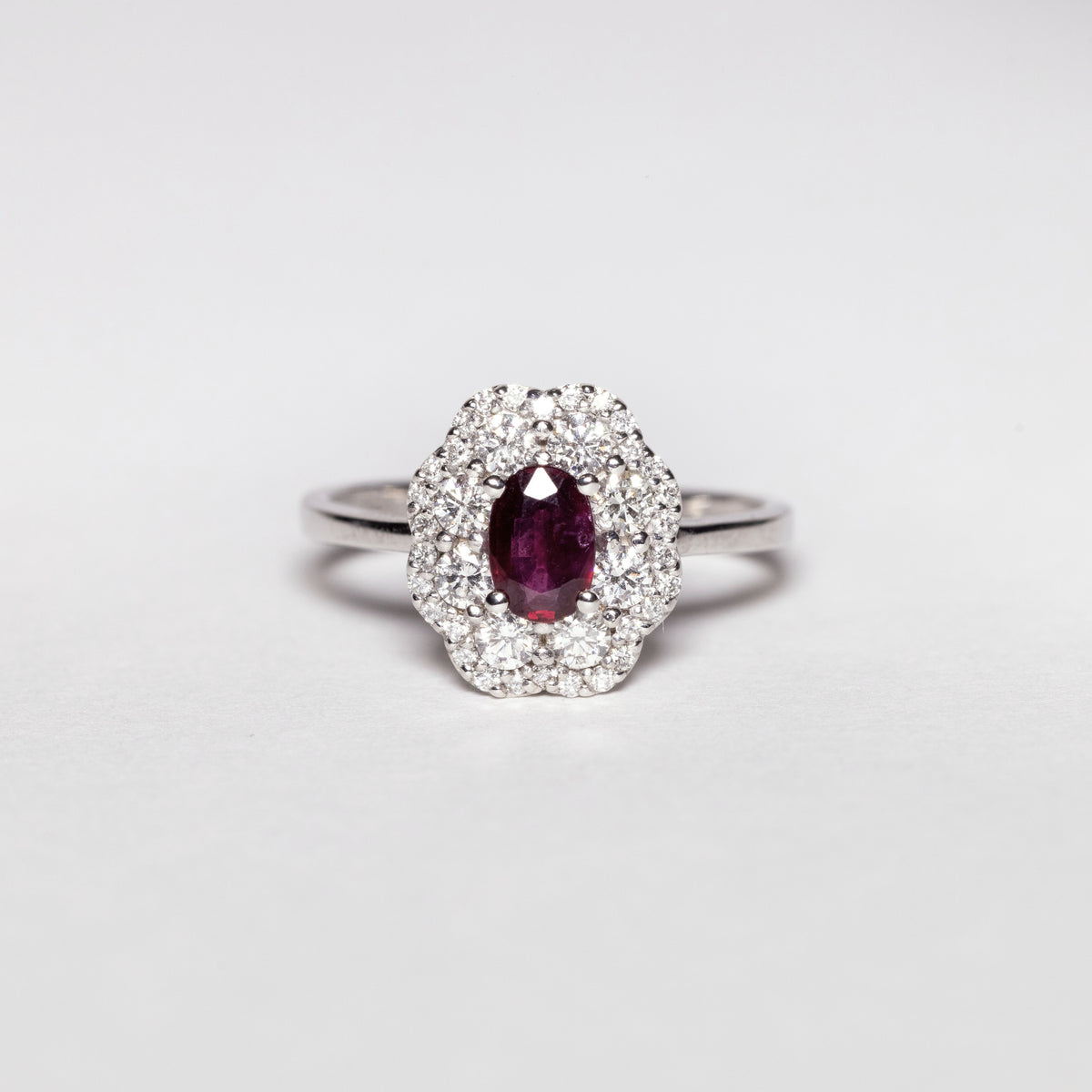 18 KT White Gold Flower Fantasy Ring With Central Ruby and Double Row of Diamonds