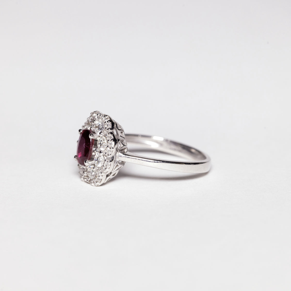 18 KT White Gold Flower Fantasy Ring With Central Ruby and Double Row of Diamonds
