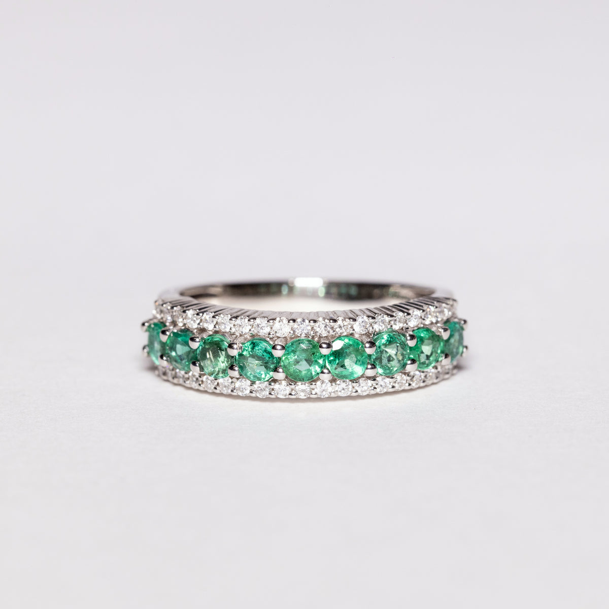 18KT White Gold Band Ring With Emeralds and Diamonds