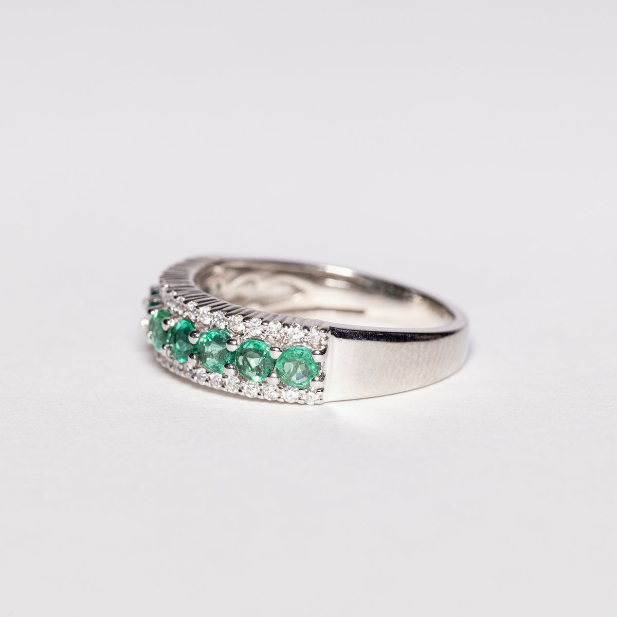 18KT White Gold Band Ring With Emeralds and Diamonds