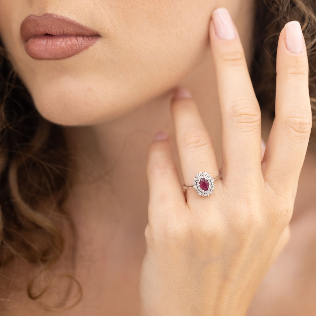 18K White Gold Ring With Rubies With Double Row Of Diamonds