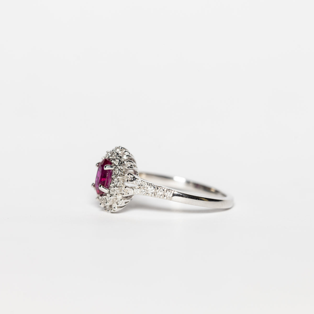 18kt White Gold Ring With Ruby And Double Row Of Diamonds