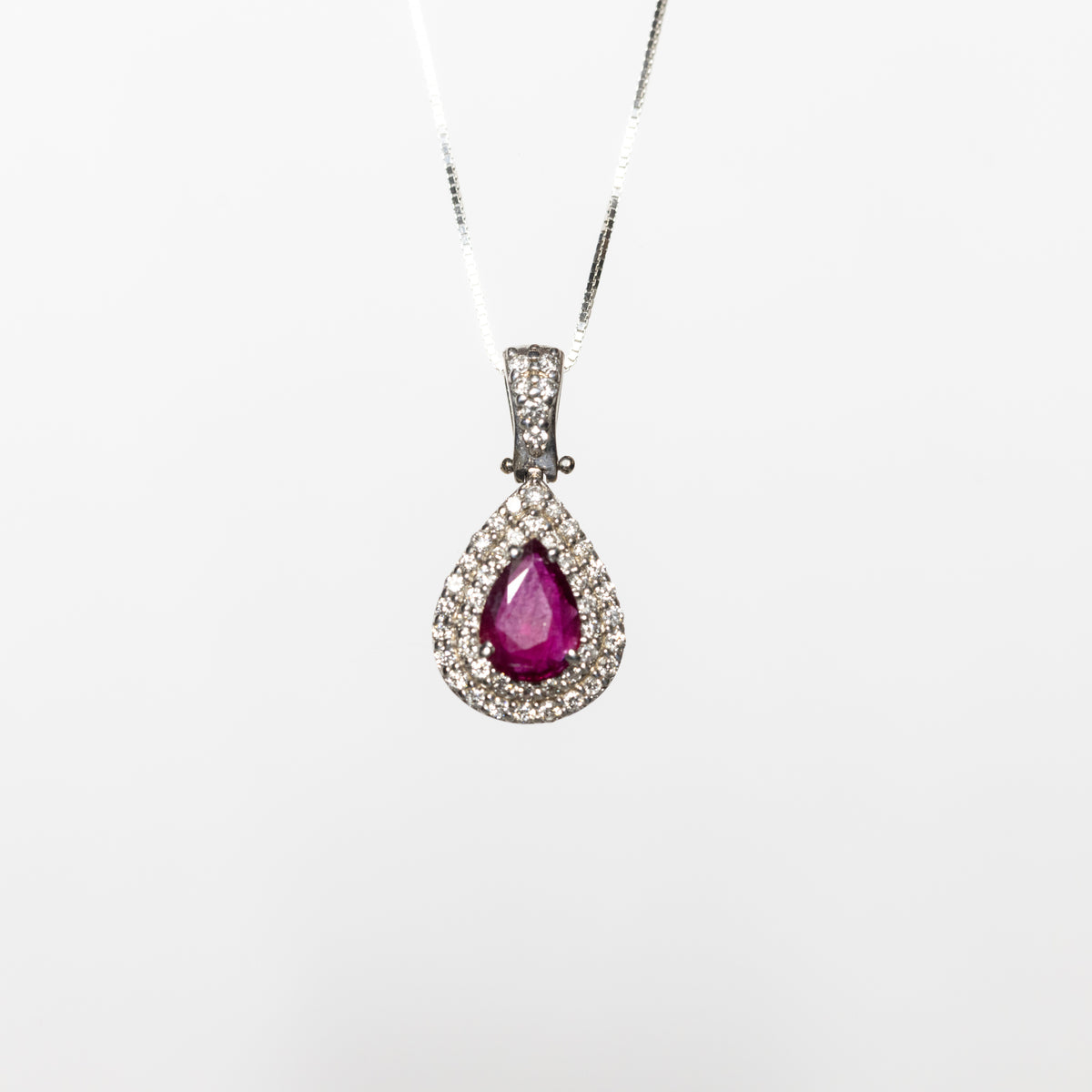 18K White Gold Necklace With Drop Cut Ruby Surrounded By Diamonds