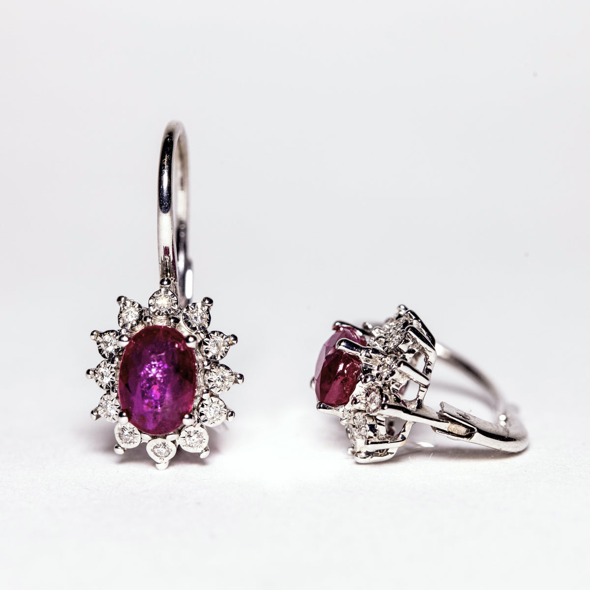 18kt White Gold Ruby and Diamond Earrings with Leverback