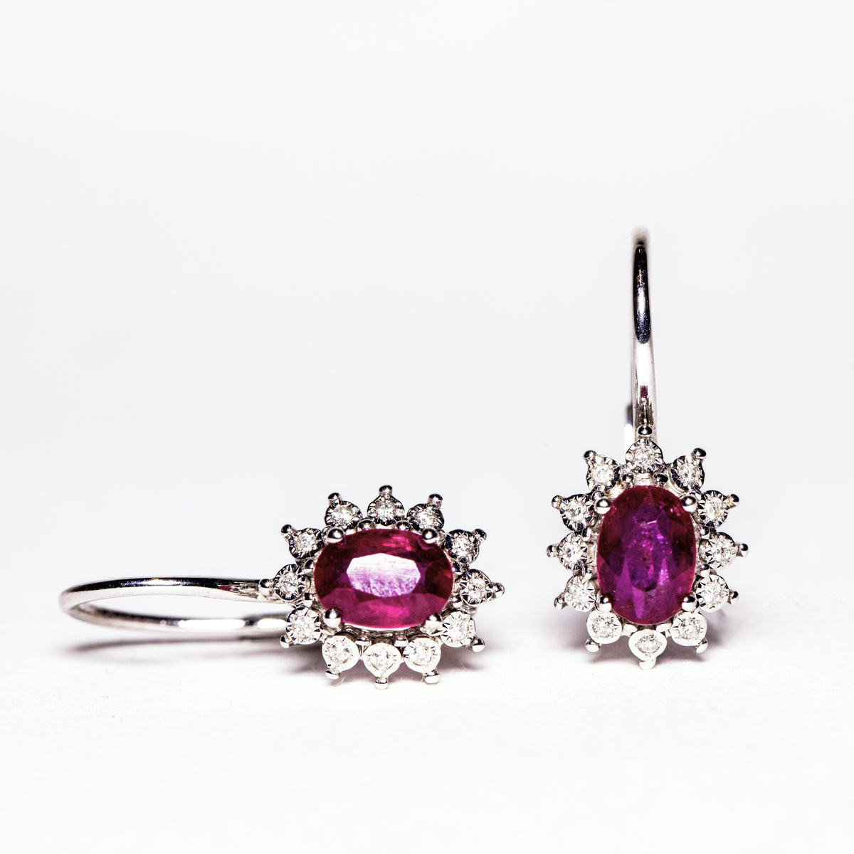 18kt White Gold Ruby and Diamond Earrings with Leverback