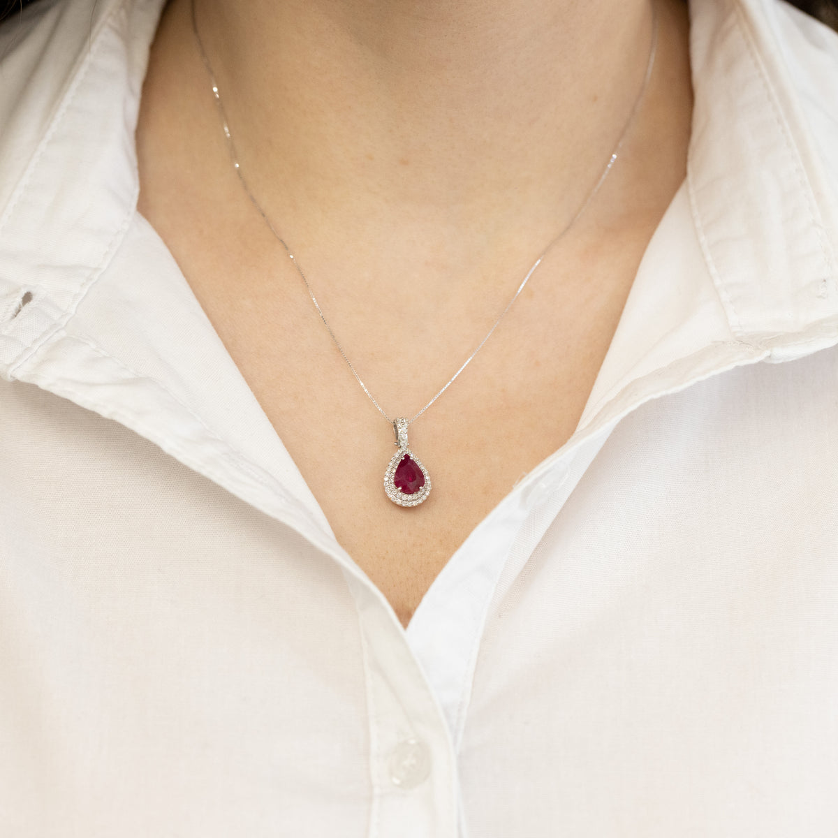 18kt White Gold Necklace With Drop-Shaped Ruby With Double Diamond Surround