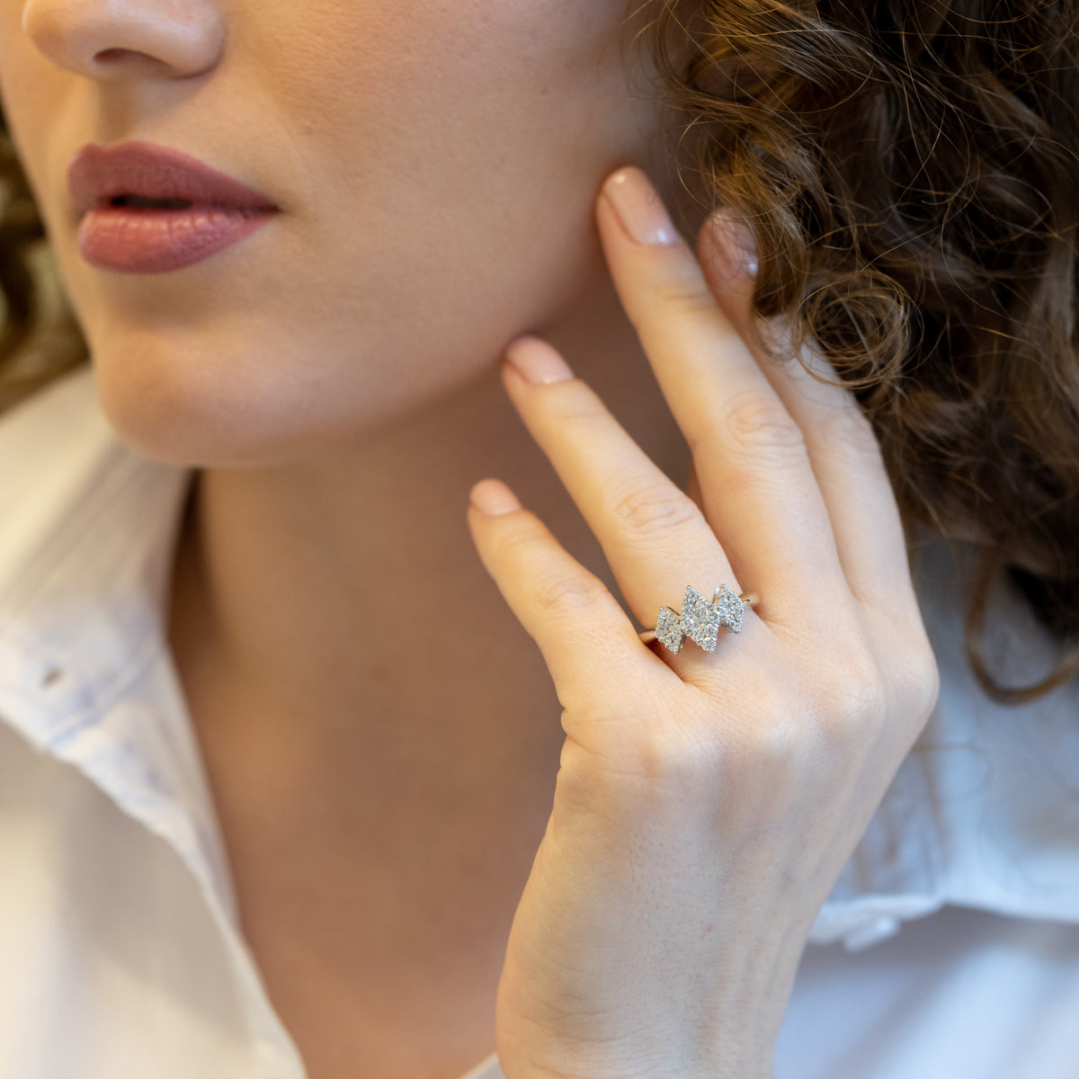 Trilogy Ring Rhombus Shape Pavè In 18 Kt White Gold And Diamonds