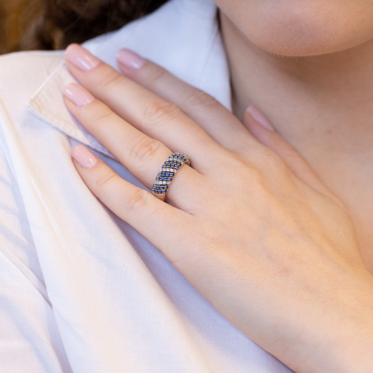 18KT White Gold Band Ring with Sapphires and Diamonds