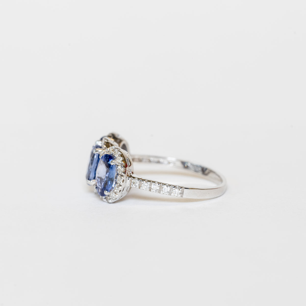 18KT White Gold Trilogy Ring with Oval-Shaped Sapphires and Diamonds