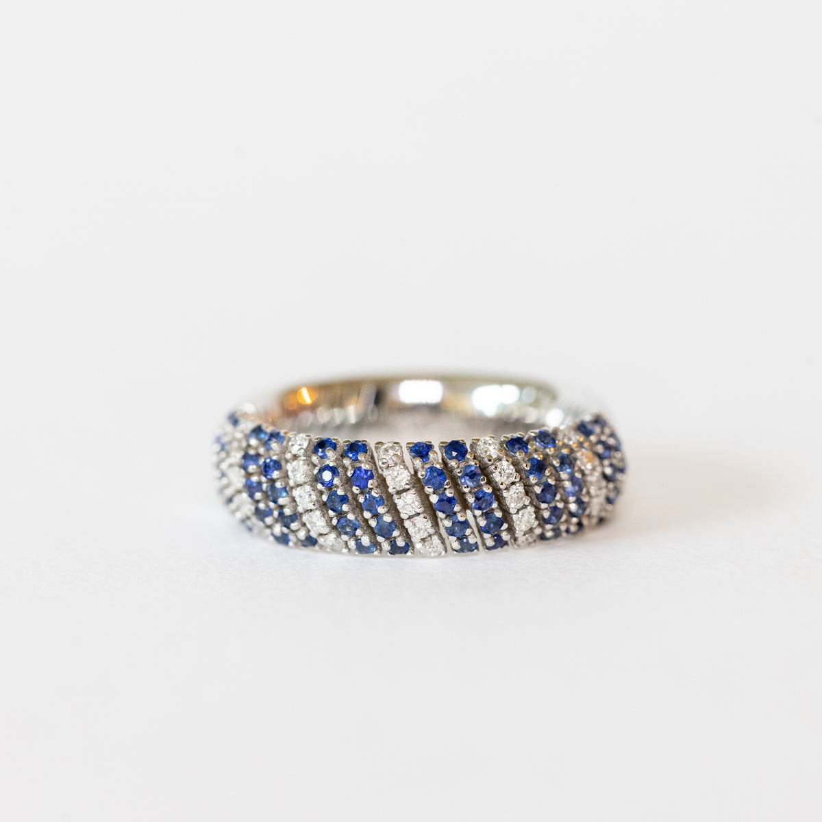 18KT White Gold Band Ring with Sapphires and Diamonds