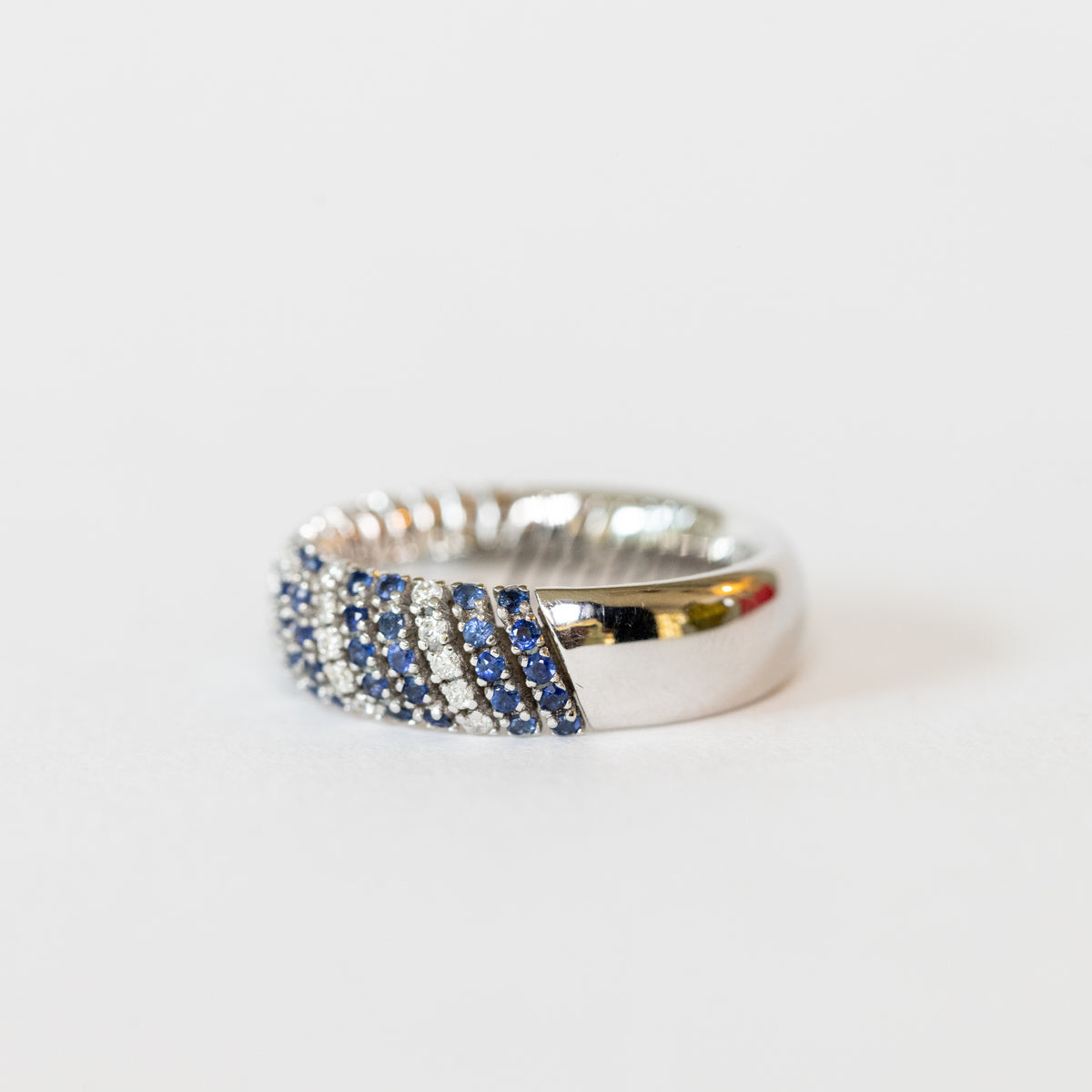 18KT White Gold Band Ring with Sapphires and Diamonds