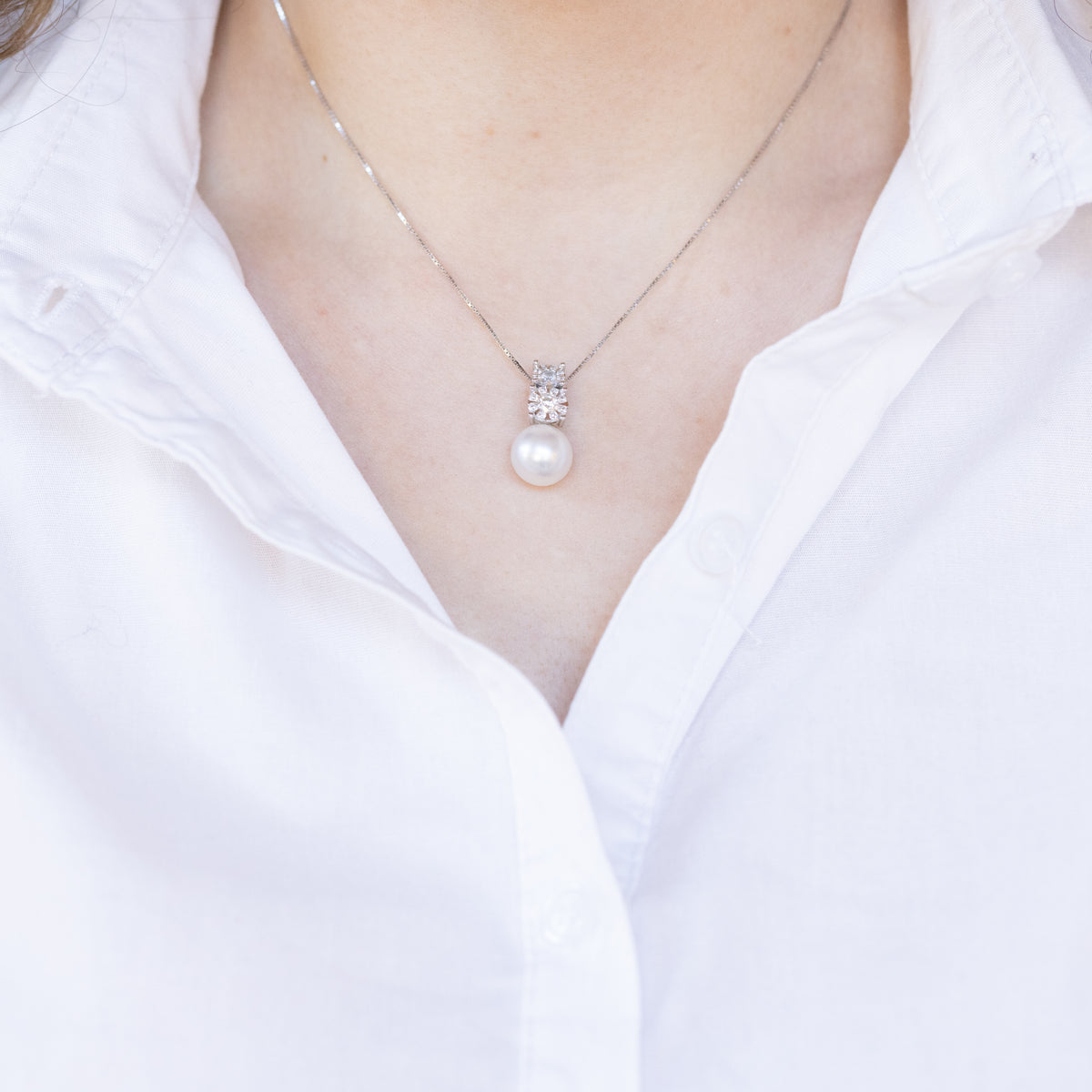 18kt White Gold Necklace with Duo of Pave and Australian Pearl