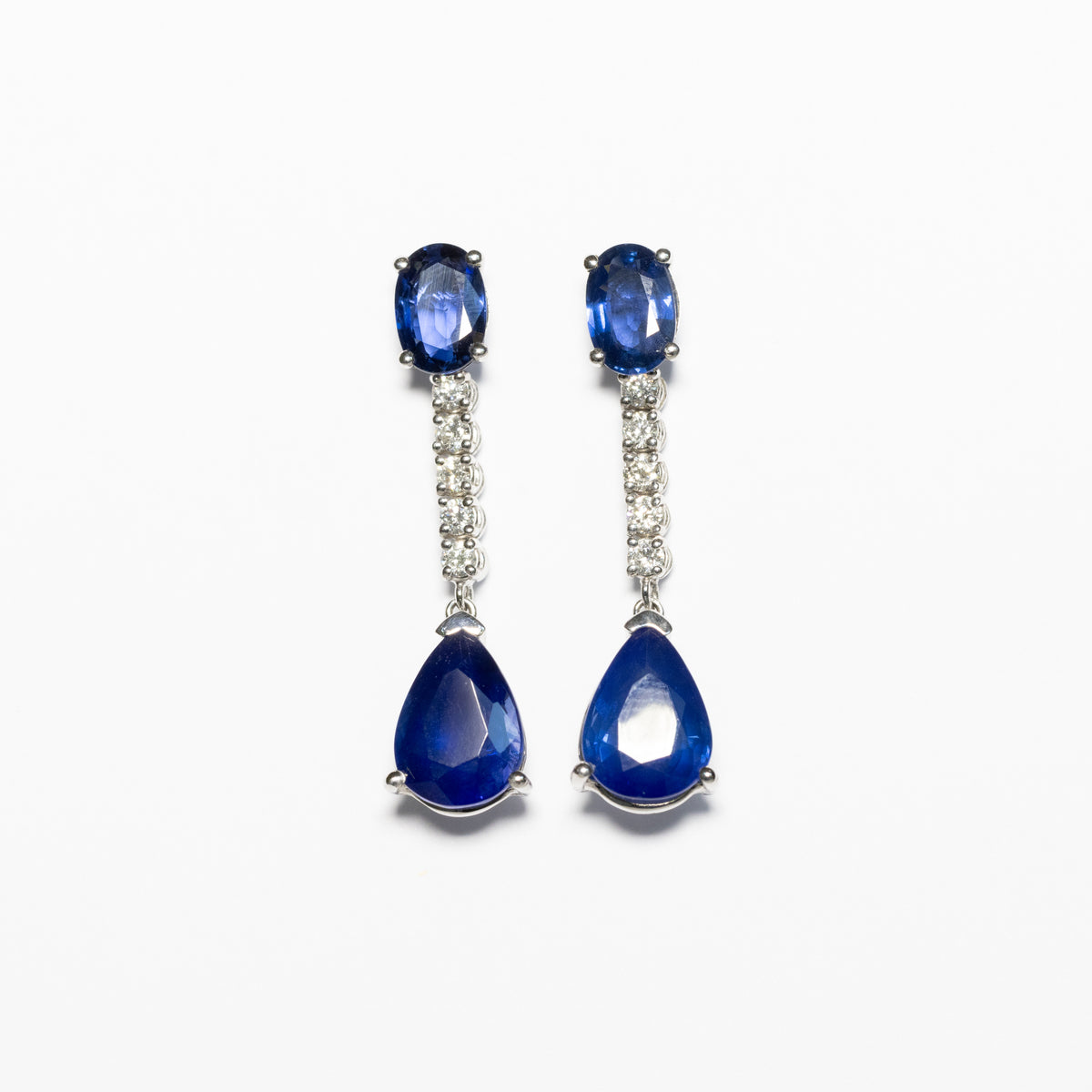 18KT White Gold Drop Earrings with Drop Cut Ceylon Sapphires, Round Brilliant Sapphires and Diamonds