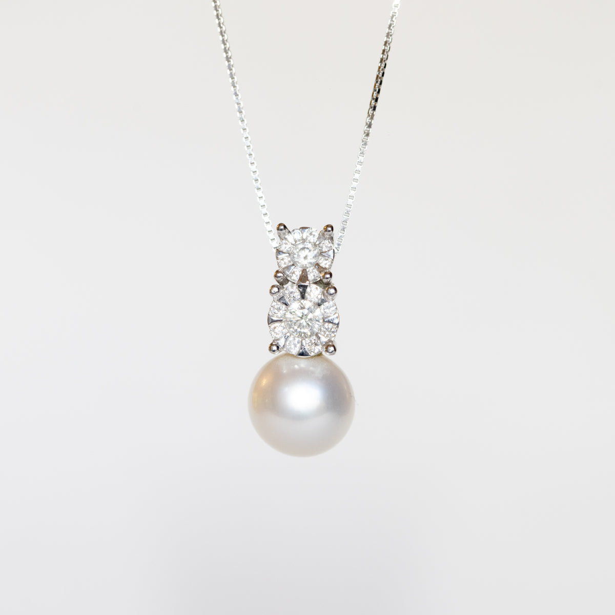18kt White Gold Necklace with Duo of Pave and Australian Pearl