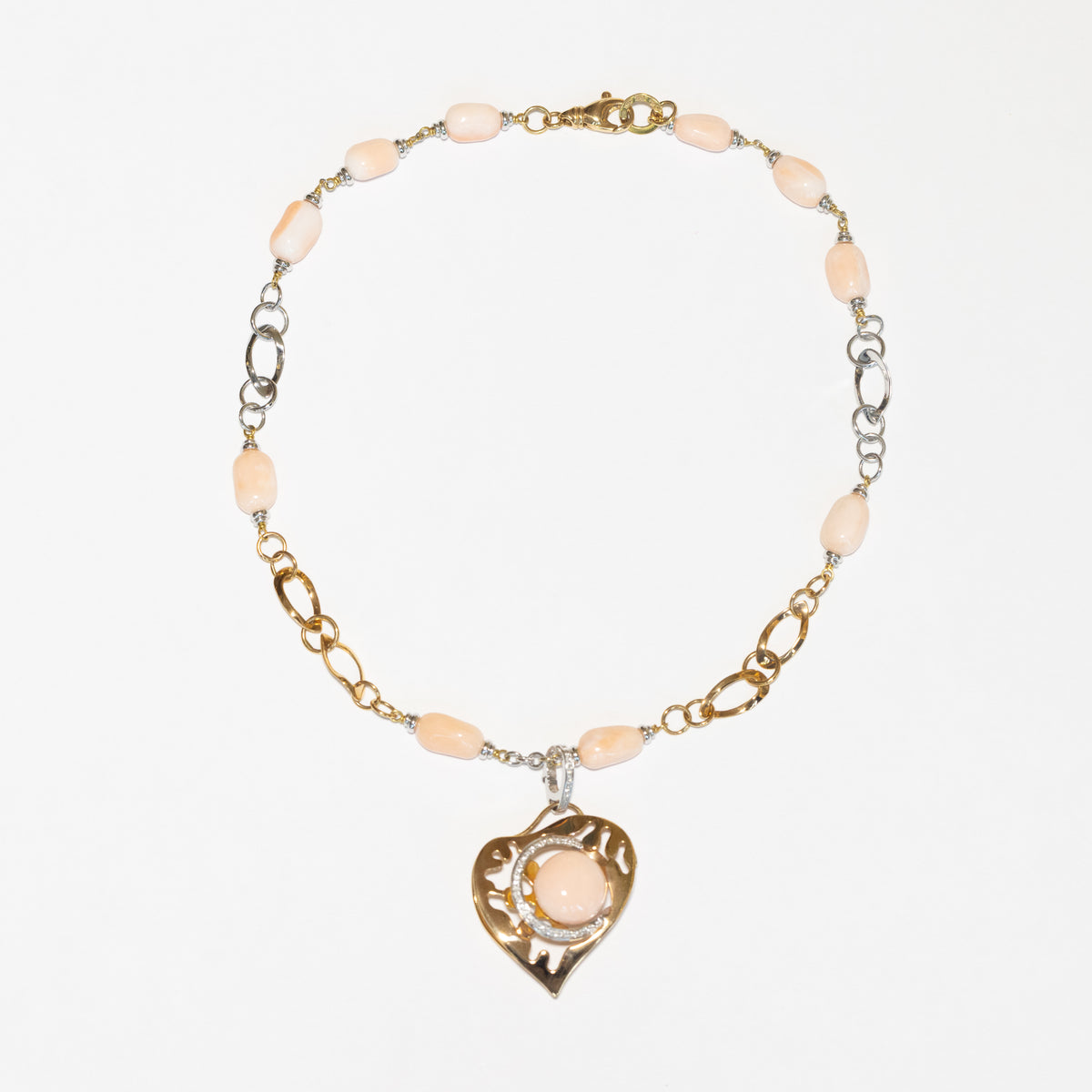 Pink Coral Collier Necklace in 18kt White and Yellow Gold with Diamond Surround