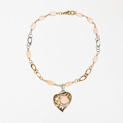 Collana Collier in Corallo Rosa, in Oro Bianco e Giallo 18 kt con Contorno in Diamanti