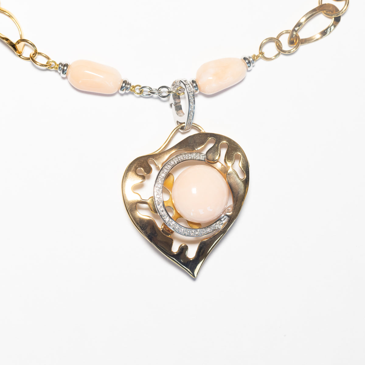 Pink Coral Collier Necklace in 18kt White and Yellow Gold with Diamond Surround