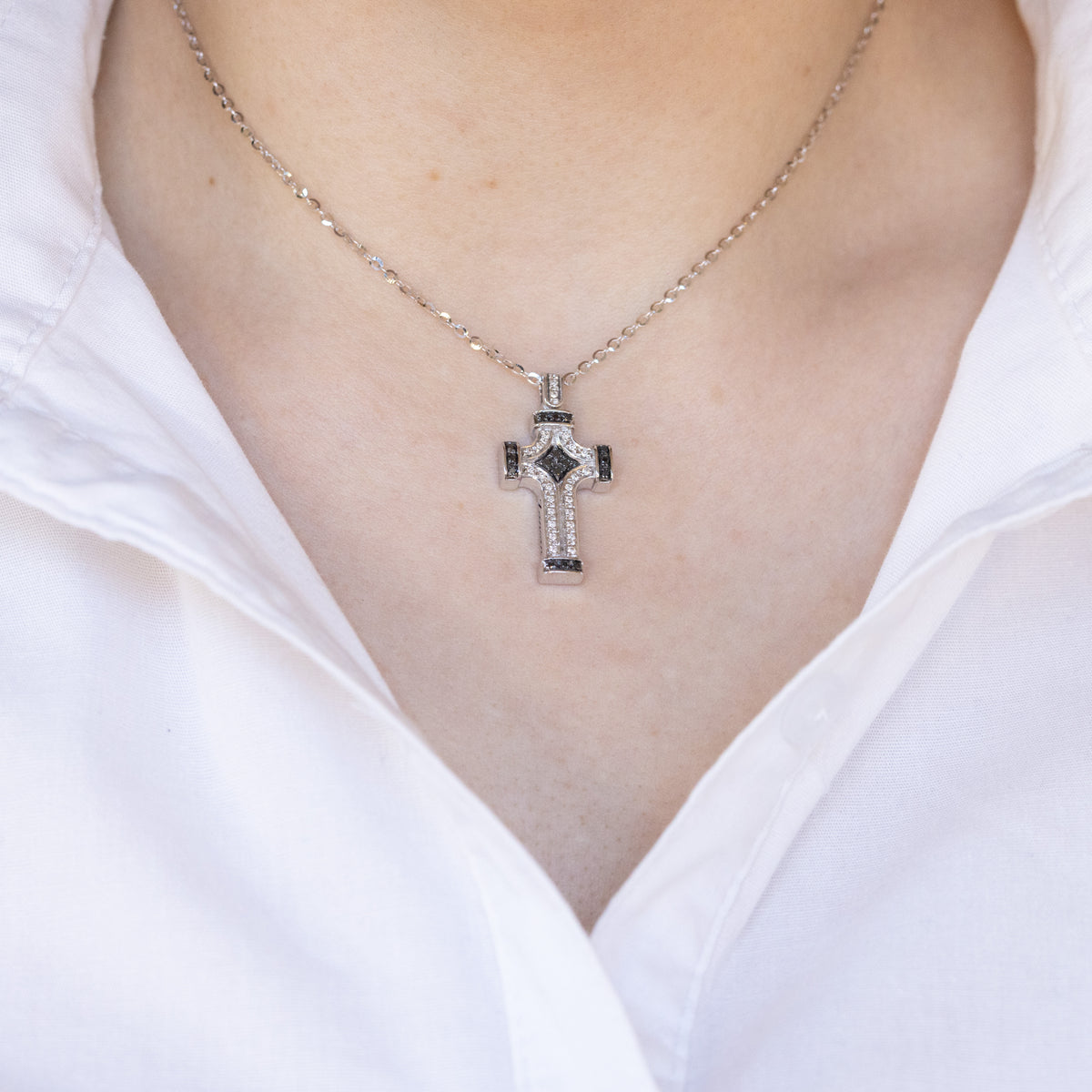 18kt White Gold Cross Necklace with White and Black Diamonds