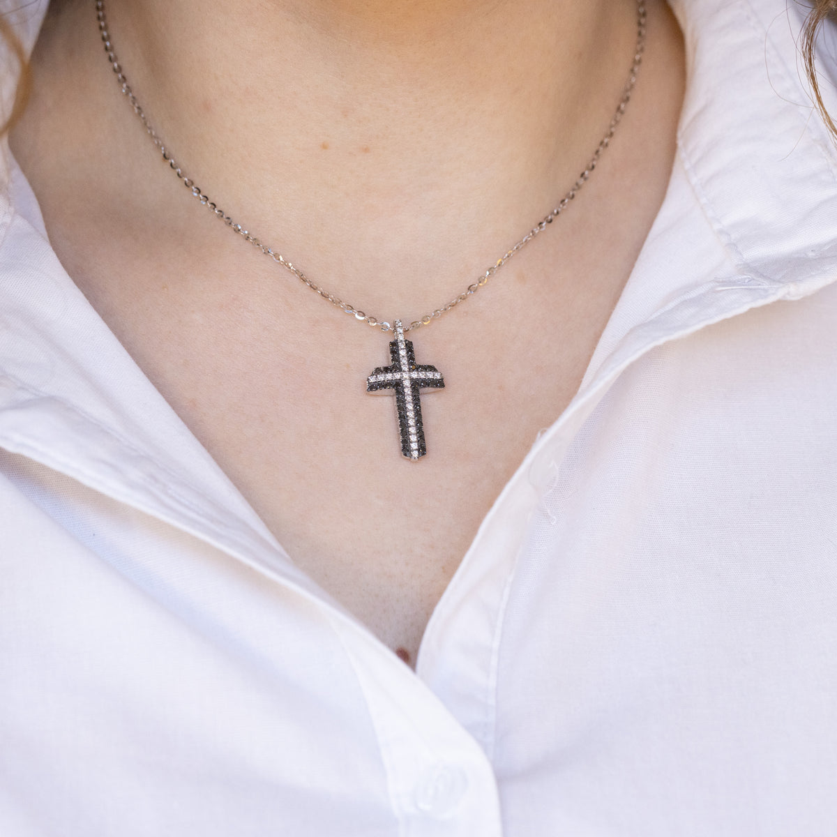 18kt White Gold Cross Necklace with Diamonds and Black Diamonds