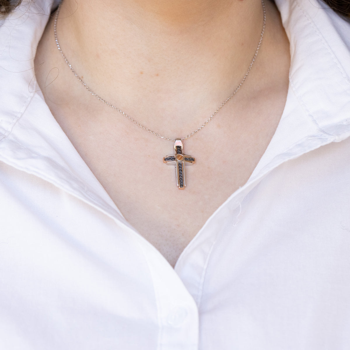 18kt White and Yellow Gold Cross Necklace with Black Diamonds