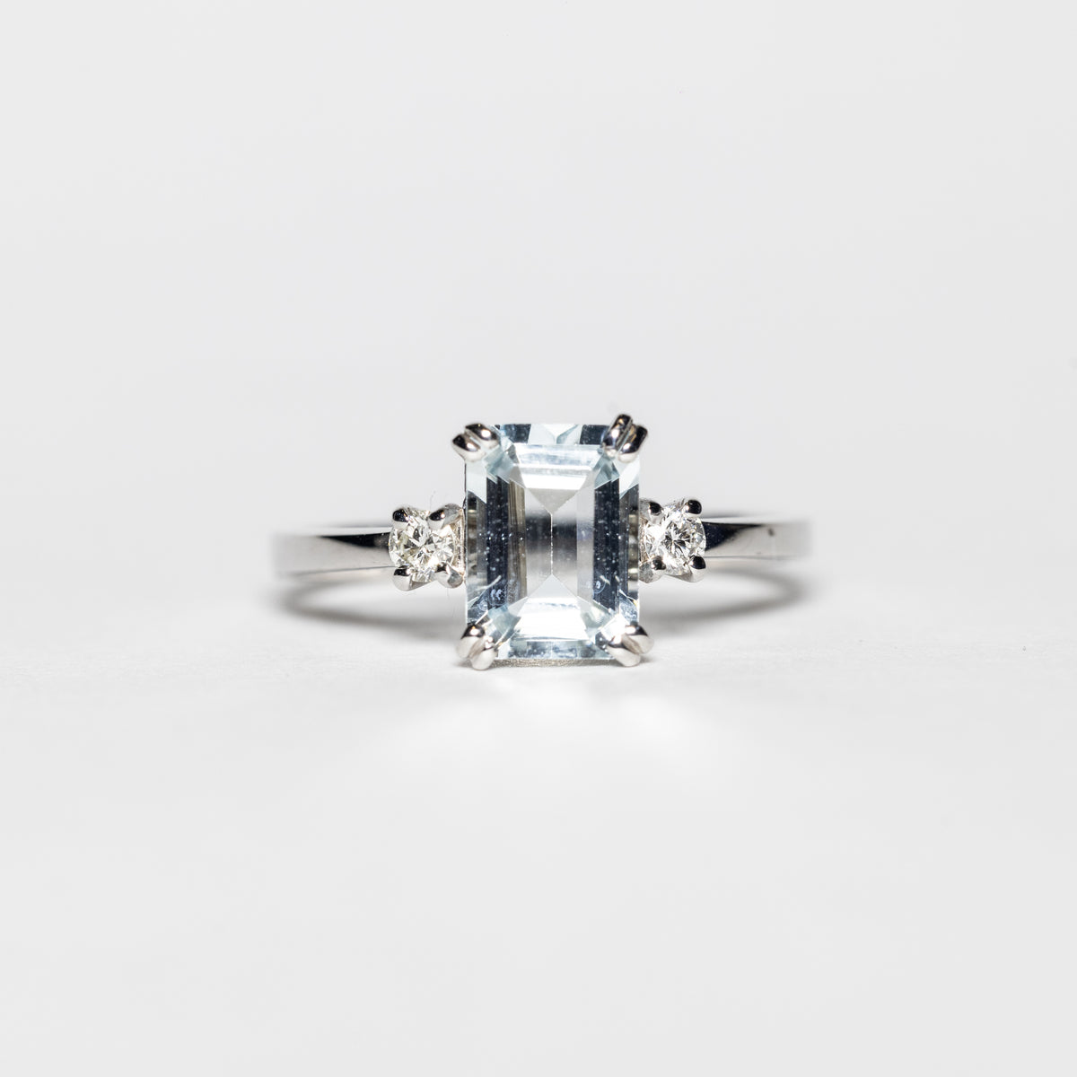 18KT White Gold Ring with Baguette Cut Aquamarine and Diamonds