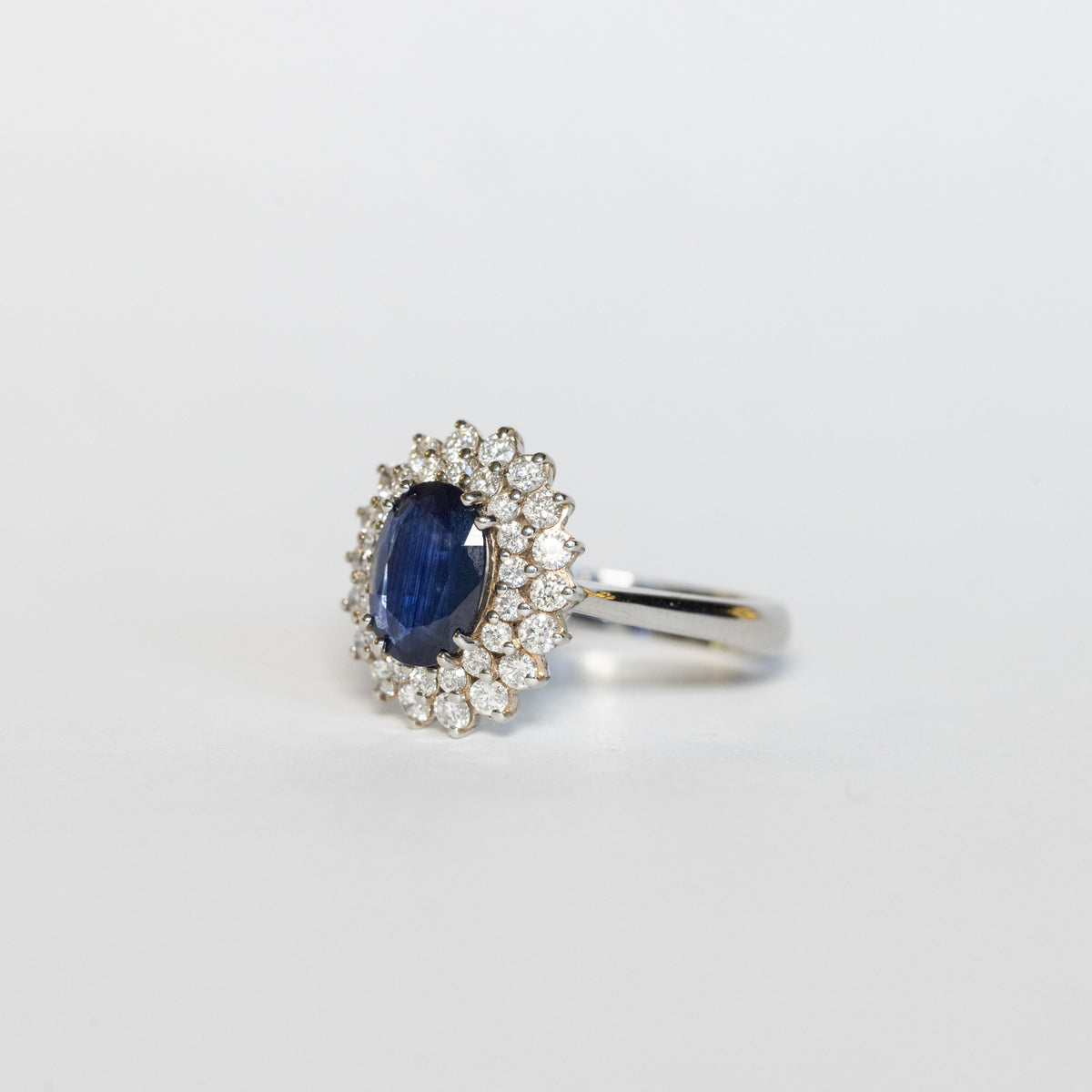 18kt White Gold Ring with Central Sapphire and Double Row of Diamonds