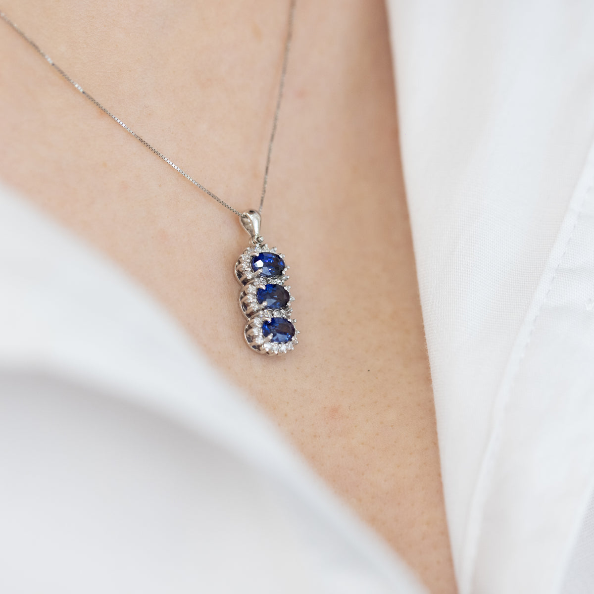 18KT White Gold Trilogy Necklace with Sapphires and Diamonds