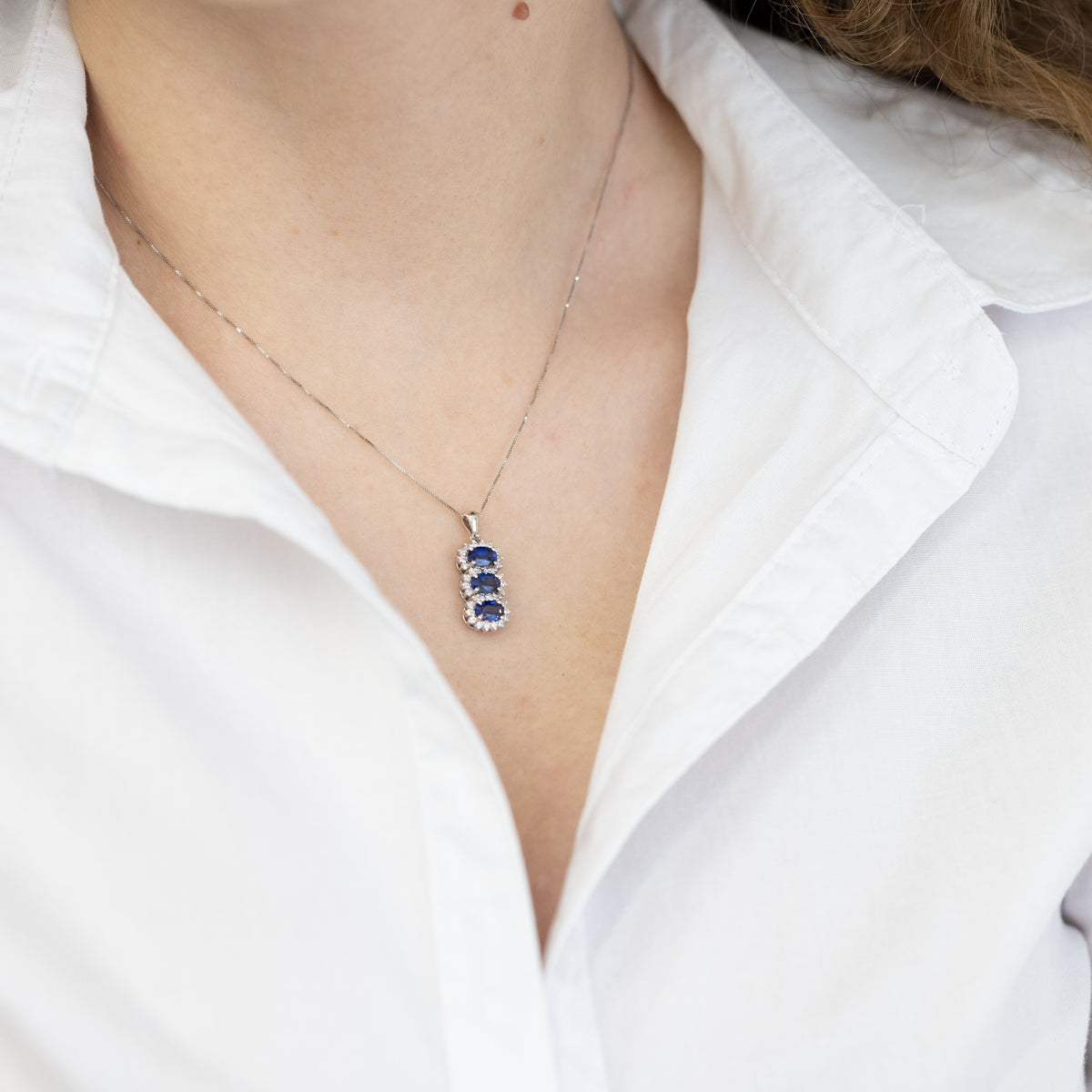 18KT White Gold Trilogy Necklace with Sapphires and Diamonds