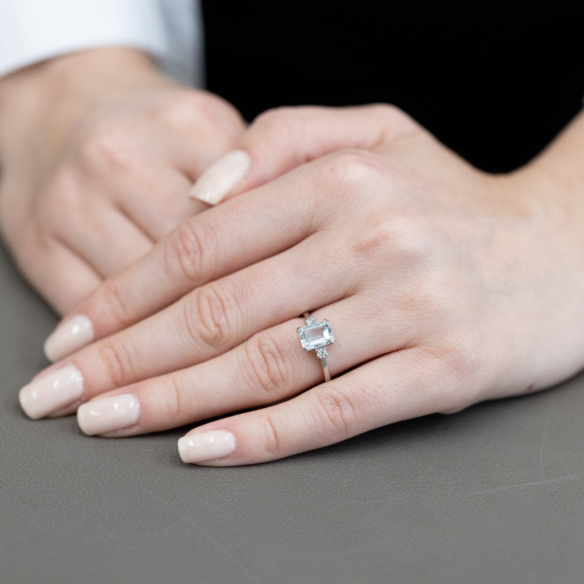 18KT White Gold Ring with Baguette Cut Aquamarine and Diamonds