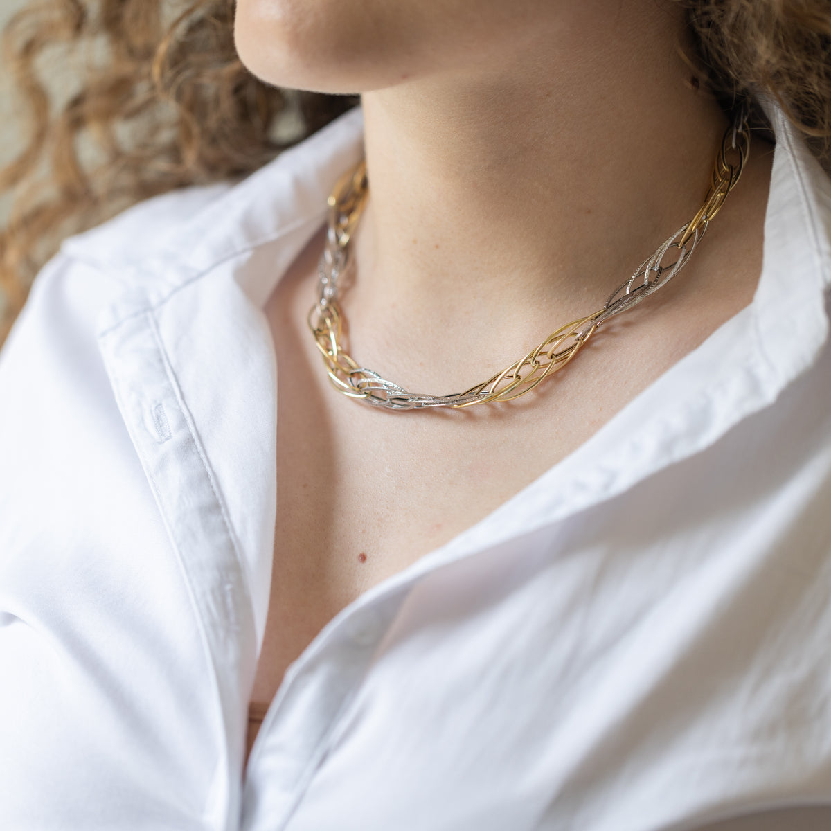 Collana Collier in Oro Bianco - Giallo 18 KT Fantasia Corda