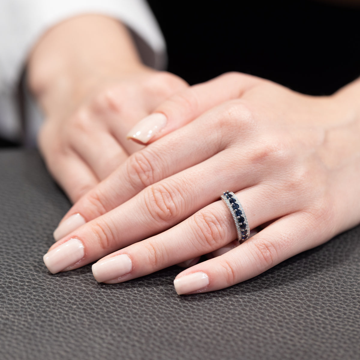 18KT White Gold Band Ring with Diamonds and Sapphires